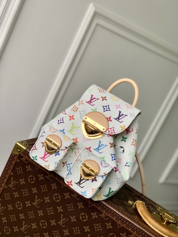 【Louis Vuitton × Takashi Murakami】復古後背包｜彩色老花 × 奶白皮革 × 金扣設計