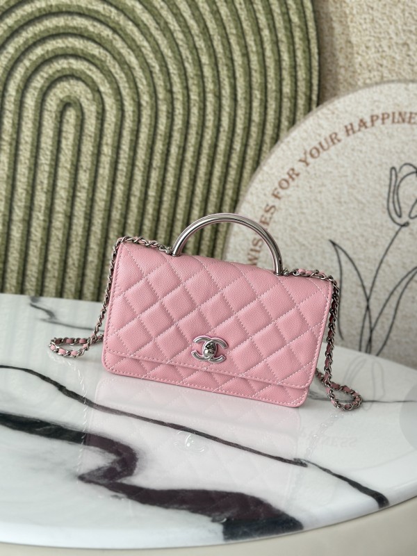 CHANEL 香奈兒 Mini Top Handle Flap 小型菱格紋鏈條包（粉銀款）