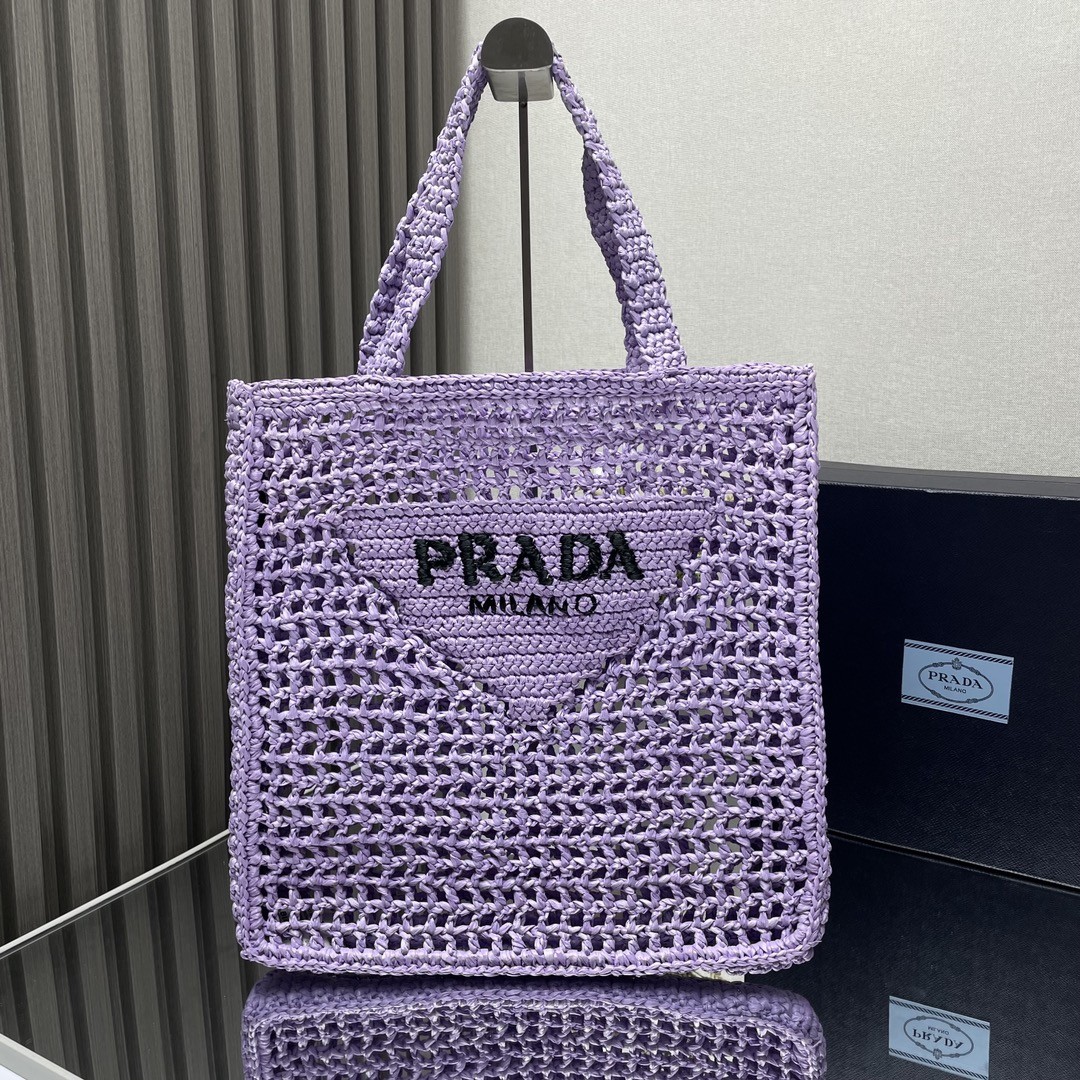【PRADA 普拉達】Raffia 編織托特包｜薰衣草紫 × 手工鏤空 × 夏日夢幻限定